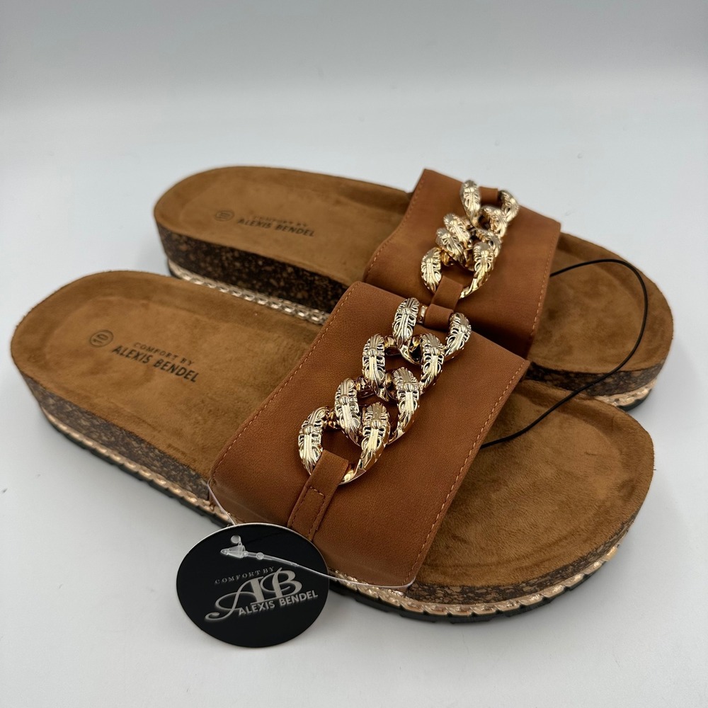 Alexis Bendel Roma Slide Sandals Tan Gold Chain Women's Sz 10 Boho Cork NWT